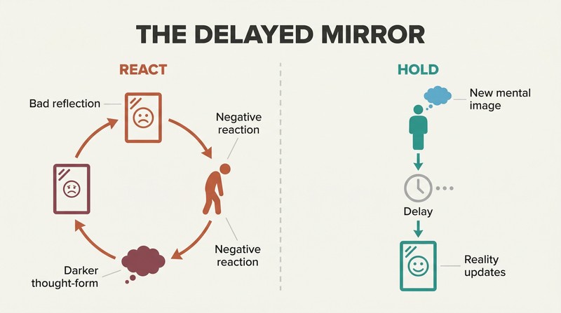 Split panel comparing a vicious cycle of reacting to negative reflections on the left with a patient linear approach of holding a new mental image through a delay on the right.