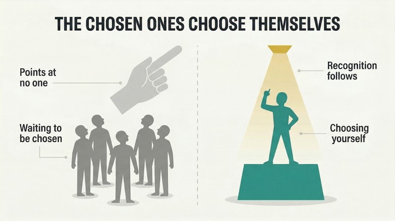 Split panel contrasting a passive crowd waiting beneath an empty pointing hand with a single figure stepping onto a pedestal by their own hand, illuminated by a gold spotlight.