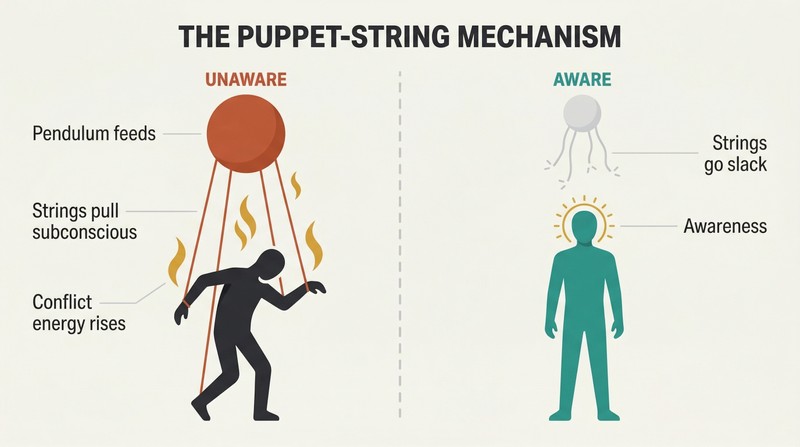 Split panel comparing an unaware figure controlled by puppet strings from a large pendulum above versus an aware figure standing free with cut strings and a shrinking pendulum.