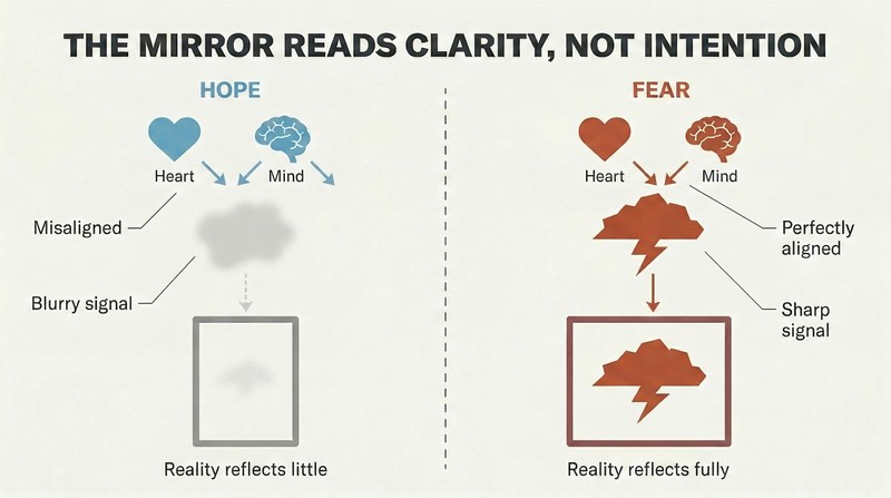 Split panel comparing how hopeful thoughts produce a blurry misaligned signal while fearful thoughts produce a sharp aligned signal that reality mirrors perfectly.