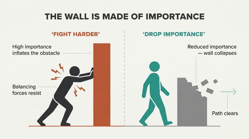 Split panel comparing a figure straining against a tall solid wall on the left with a calm figure walking past a crumbling wall on the right, showing how reducing importance dissolves obstacles.