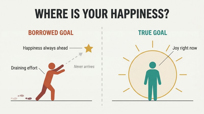 Split panel comparing a figure chasing a receding star on the left with a figure standing inside a radiant glow on the right, showing borrowed goals defer happiness while true goals produce it now.