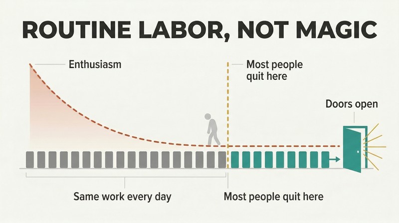 Timeline of identical daily practice blocks with a declining enthusiasm curve, a quitting threshold most never pass, and a door opening at the far end.