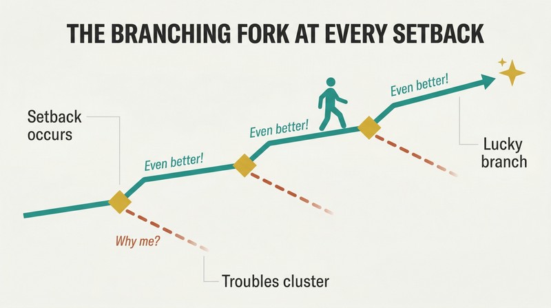 Branching path diagram showing three sequential fork points where choosing the favorable interpretation at each junction trends the lifeline upward while negative reactions trend downward.