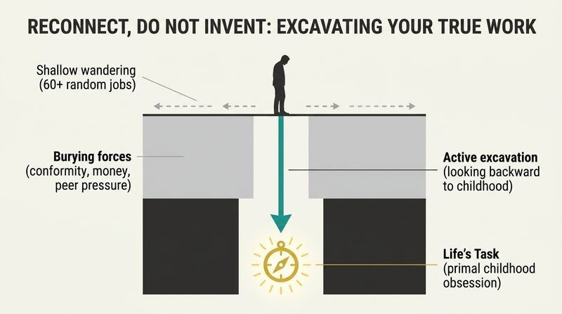 Cross-section diagram showing how true calling is a childhood obsession buried deep beneath adult social expectations, reached only by active excavation.