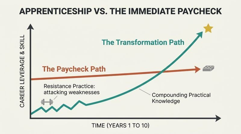 Line chart comparing the flat trajectory of prioritizing early salary with the compounding, exponential growth of prioritizing skills and resistance practice.