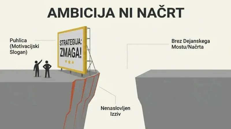 Side-profile diagram of a massive cliff chasm where a decorative billboard labeled "Strategy" blocks the view of the drop, hiding the fact that there is no bridge to the other side.