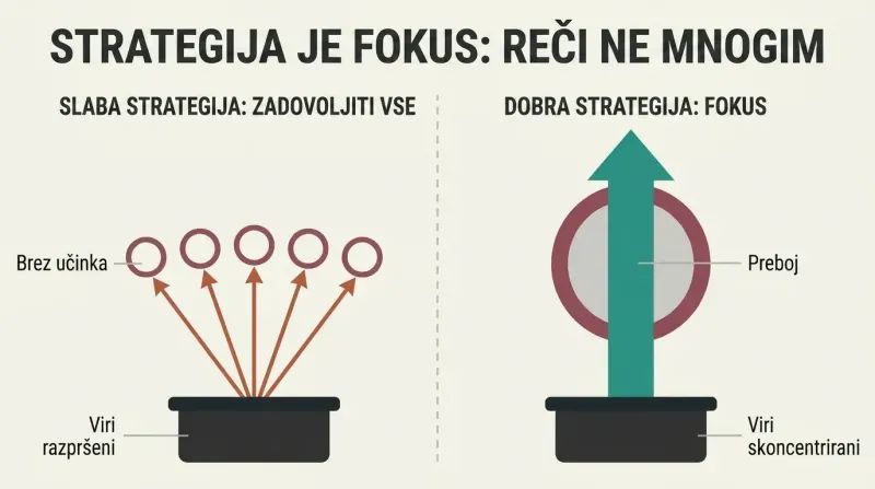 A split-panel diagram showing bad strategy on the left spreading resources across multiple targets with zero impact, and good strategy on the right concentrating all resources onto a single target to achieve a breakthrough.
