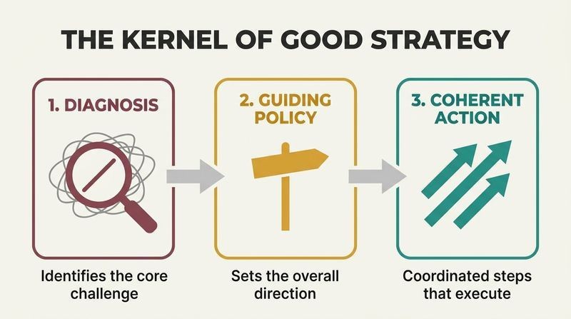 A horizontal flow diagram showing the three sequential parts of Rumelt's strategy kernel: Diagnosis, Guiding Policy, and Coherent Action.
