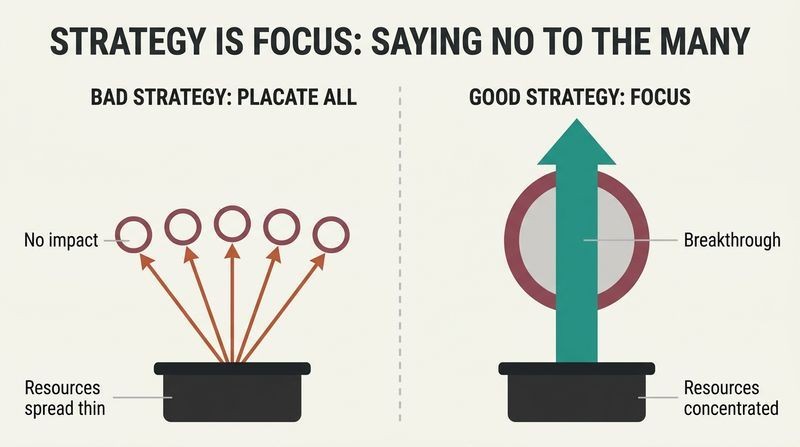 A split-panel diagram showing bad strategy on the left spreading resources across multiple targets with zero impact, and good strategy on the right concentrating all resources onto a single target to achieve a breakthrough.