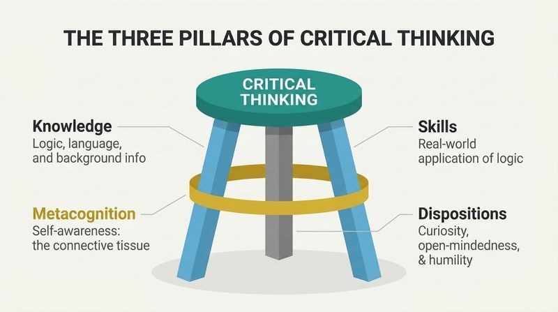 A conceptual diagram of a three-legged stool where the seat represents critical thinking, supported by three legs labeled knowledge, skills, and dispositions, all bound together by a gold structural band representing metacognition.