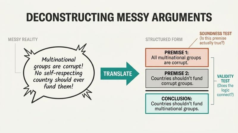 Transformation diagram showing a chaotic, emotional speech bubble translated into a clean, structured premise-and-conclusion stack to test for logic and truth.