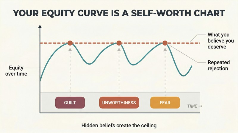 Equity curve repeatedly hitting a psychological resistance ceiling, with hidden beliefs about worthiness revealed beneath the chart surface.