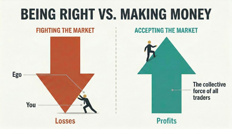 Split panel contrasting a tiny trader futilely pushing against a massive market arrow on the left with a trader flowing alongside it on the right.