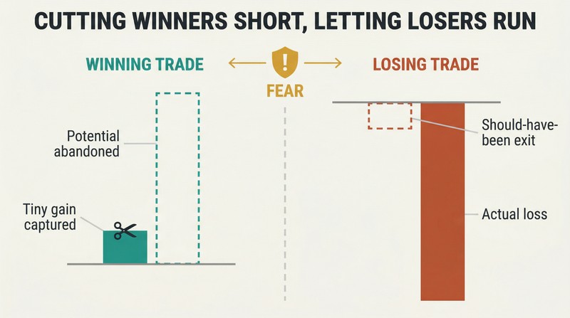 Split panel showing a winning trade exited early as a small bar beside its missed potential, contrasted with a losing trade held too long growing into a massive loss.