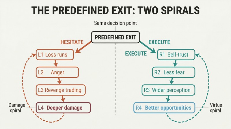 Fork diagram showing how executing a predefined exit builds a rising spiral of self-trust while hesitating triggers a descending spiral of revenge trading and damage.