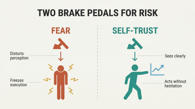 Split panel comparing fear as a risk limiter causing paralysis on the left versus self-trust enabling clear execution on the right.