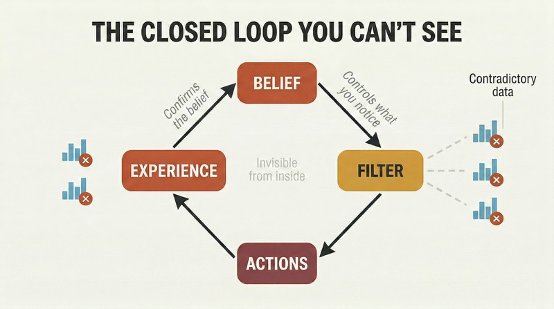 Circular loop showing how beliefs filter perception, drive actions, create confirming experiences, and reinforce the original belief while blocking contradictory market data outside.