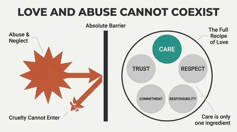 A diagram showing a thick barrier separating a jagged terracotta shape representing abuse from a teal container representing love, which contains care as only one of several ingredients.