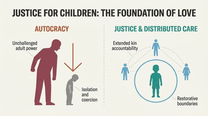Split panel diagram comparing the power structures of autocratic parenting with just, distributed caregiving networks.