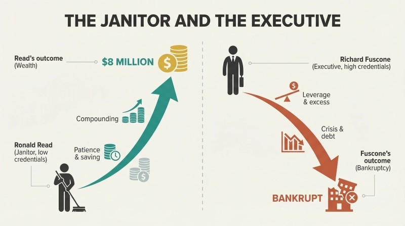 Split panel comparing a janitor's ascending path to $8 million wealth against an executive's descending path to bankruptcy.