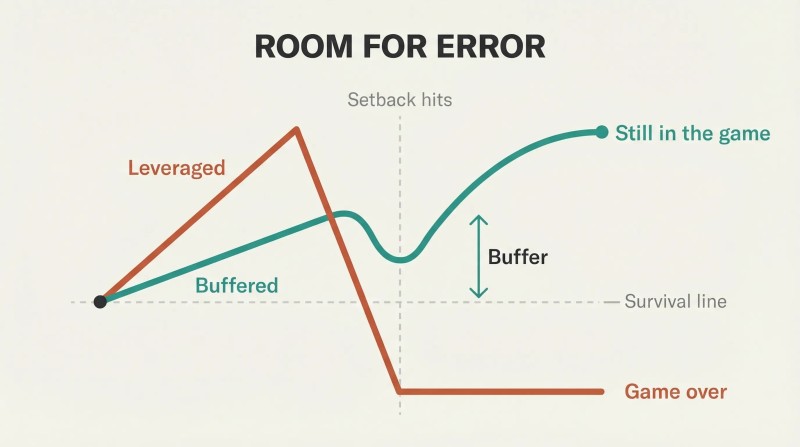 Two paths hit the same setback: the buffered path dips and recovers, while the leveraged path crashes permanently below the survival line.