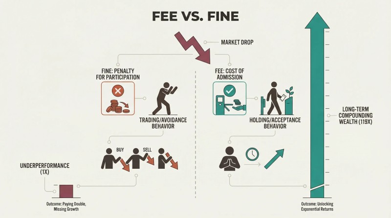 Two paths diverge from a market drop — the "fine" framing leads to a tiny returns bar while the "fee" framing leads to a towering 119× returns bar.