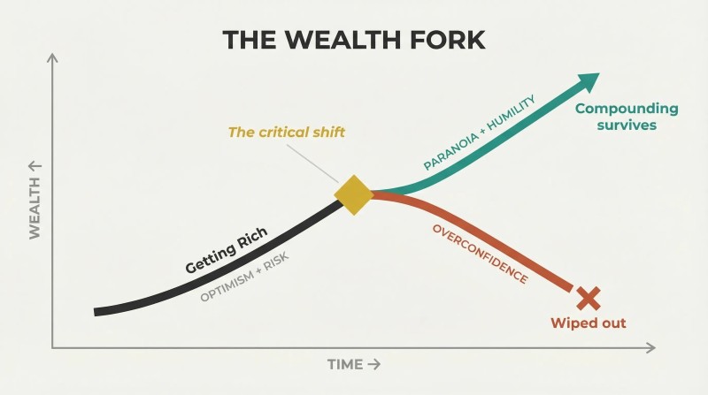 Wealth trajectory rising then forking into a teal path of paranoia and survival versus a crashing terracotta path of overconfidence and wipeout.