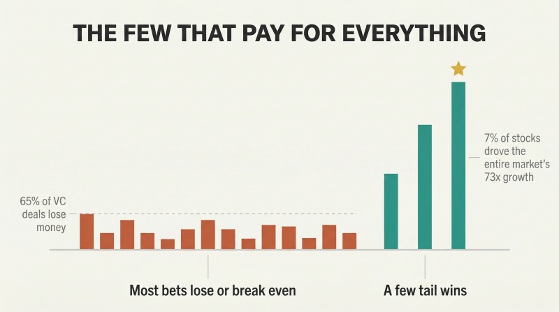 Array of many short terracotta bars representing failed bets dwarfed by three towering teal bars representing rare tail wins that generate most returns.