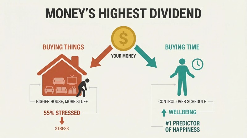 Fork diagram splitting money into two paths: buying things leads to a large house dwarfing a small stressed figure, while buying time shows a full-sized free figure — the top predictor of wellbeing.
