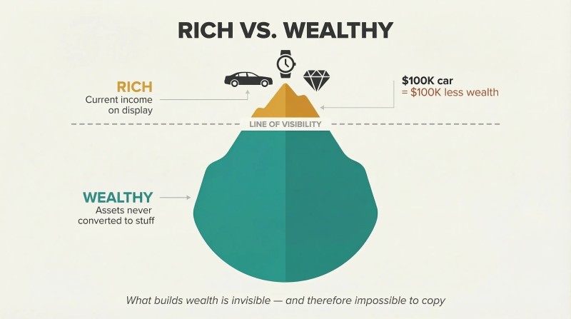 Iceberg with a small amber tip above a visibility line labeled Rich and a massive teal mass below labeled Wealthy, showing true wealth is hidden.