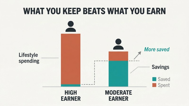 Two stacked bars comparing a high earner with small savings to a moderate earner with larger savings, revealing the savings rate paradox.