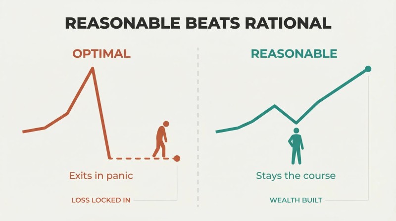 Split-panel comparison where an optimal investment line crashes and is abandoned at a loss, while a reasonable investment line dips modestly and recovers to far greater wealth.