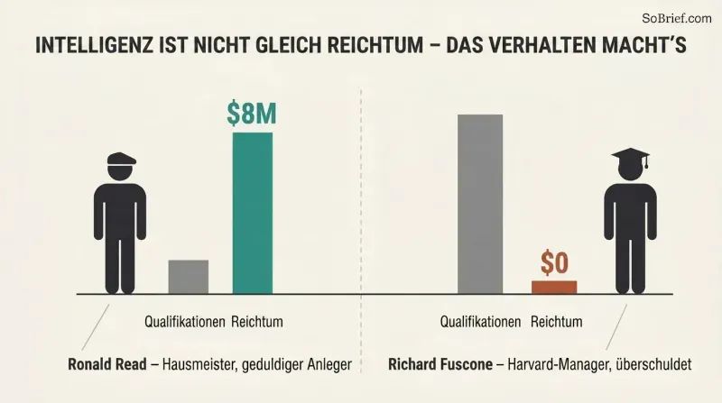 Split panel comparing a low-credential janitor who built millions against a high-credential executive who went bankrupt, showing inverted credential and wealth bars.