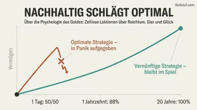 A wealth-over-time chart where an optimal strategy climbs fast but breaks off in panic, while a reasonable strategy continues steadily and ends higher.