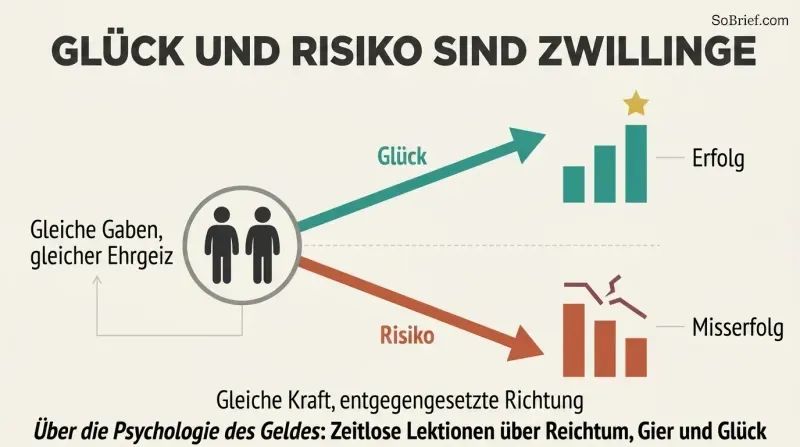 Two identical figures share one starting point, then diverge along mirror-image arrows—one rising to success, one falling to failure—from the same force.