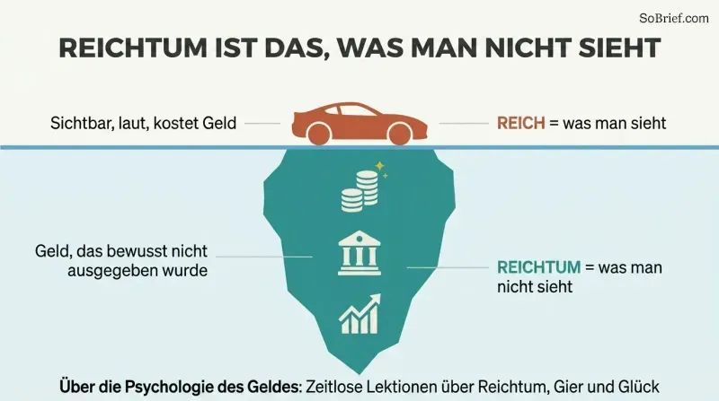 Iceberg diagram showing a small visible car above the waterline as "rich" and a large hidden mass of saved assets below as "wealth."