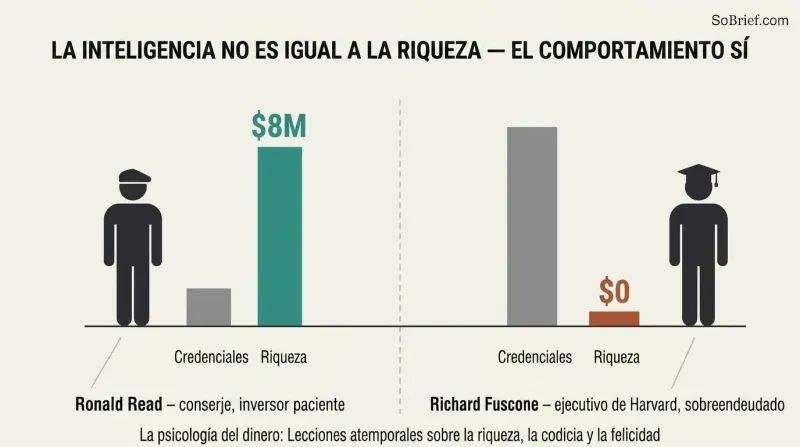 Split panel comparing a low-credential janitor who built millions against a high-credential executive who went bankrupt, showing inverted credential and wealth bars.