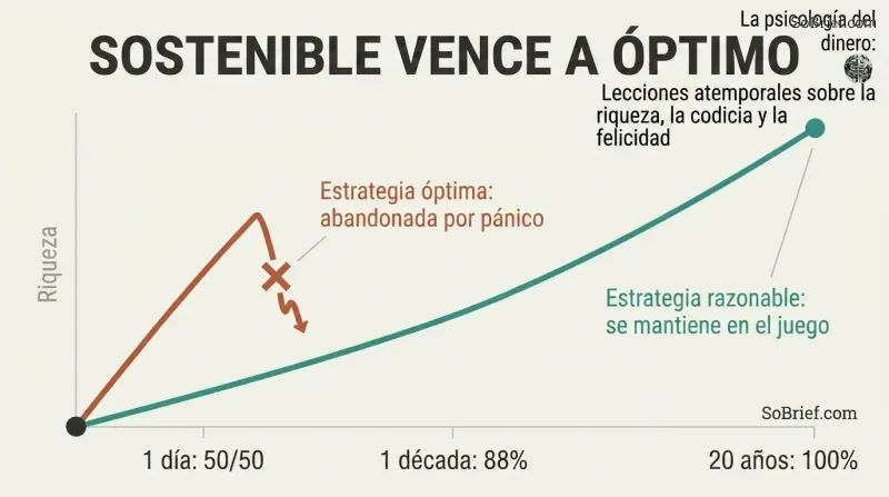 A wealth-over-time chart where an optimal strategy climbs fast but breaks off in panic, while a reasonable strategy continues steadily and ends higher.