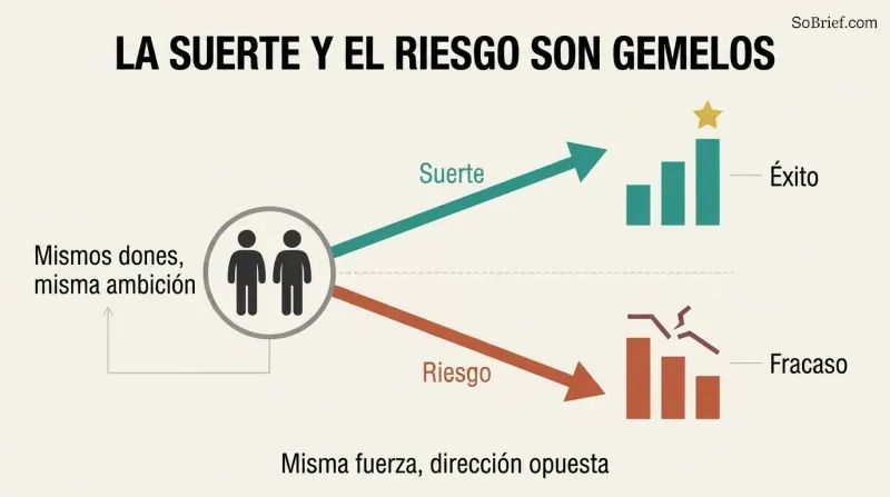 Two identical figures share one starting point, then diverge along mirror-image arrows—one rising to success, one falling to failure—from the same force.