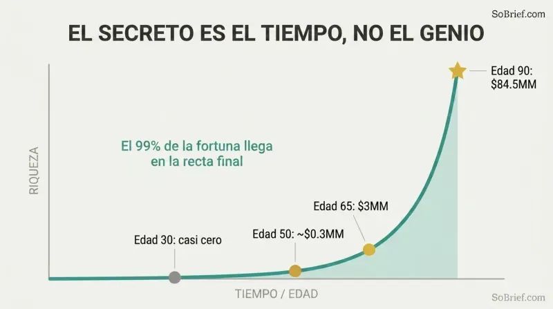 An exponential wealth curve stays nearly flat for decades then erupts upward late in life, showing most of Buffett's fortune arrived after age 65.