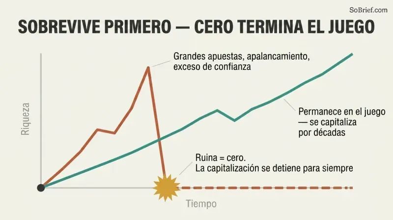 Line chart where a risky path spikes high then crashes to zero and flatlines, while a steady survivor path keeps compounding upward. End with a period.