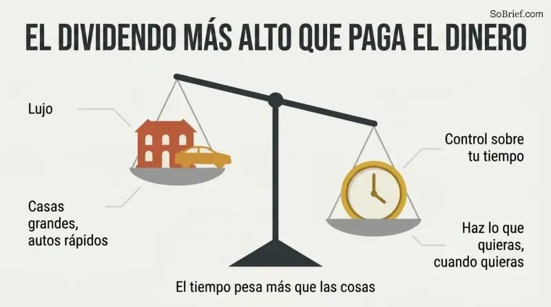 A balance scale tilts toward a gold clock representing control over time, outweighing a mansion and car representing luxury.
