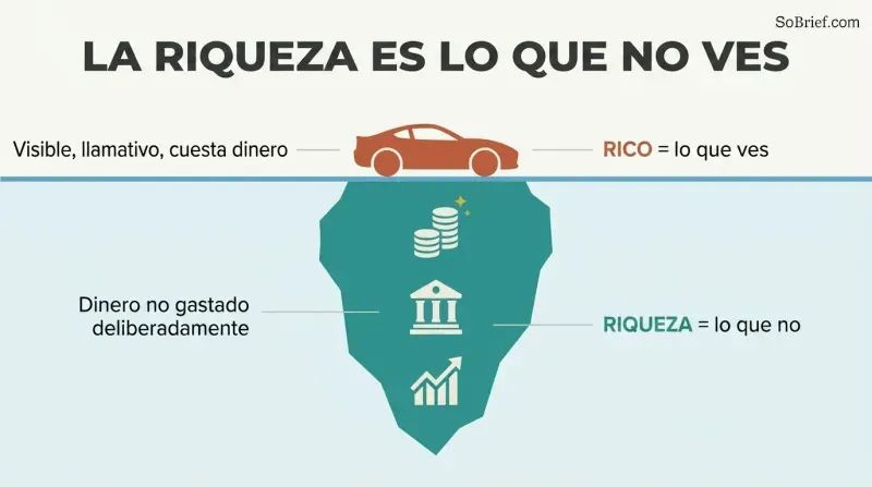 Iceberg diagram showing a small visible car above the waterline as "rich" and a large hidden mass of saved assets below as "wealth."