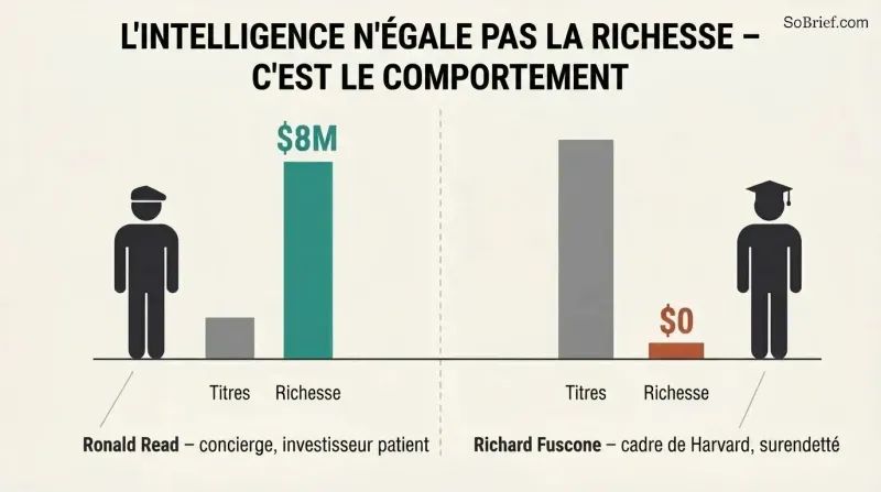 Split panel comparing a low-credential janitor who built millions against a high-credential executive who went bankrupt, showing inverted credential and wealth bars.