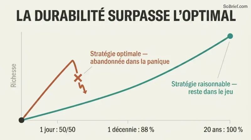 A wealth-over-time chart where an optimal strategy climbs fast but breaks off in panic, while a reasonable strategy continues steadily and ends higher.