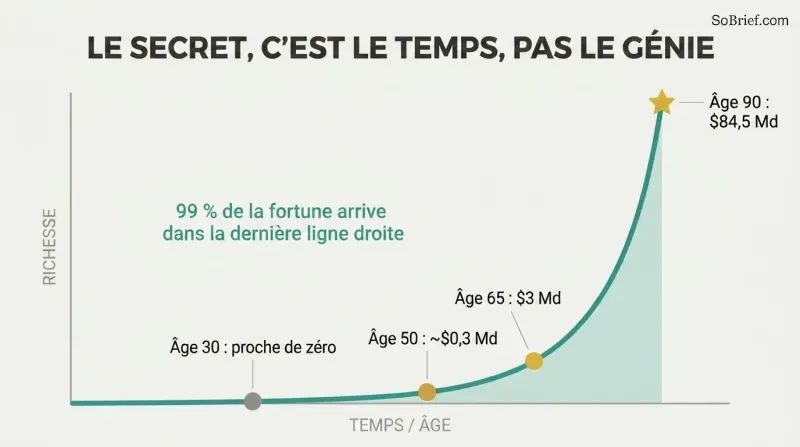 An exponential wealth curve stays nearly flat for decades then erupts upward late in life, showing most of Buffett's fortune arrived after age 65.