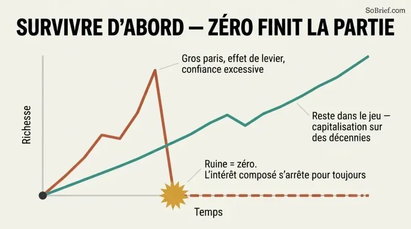 Line chart where a risky path spikes high then crashes to zero and flatlines, while a steady survivor path keeps compounding upward. End with a period.