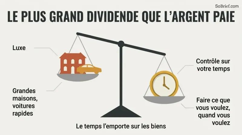 A balance scale tilts toward a gold clock representing control over time, outweighing a mansion and car representing luxury.