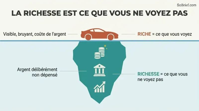 Iceberg diagram showing a small visible car above the waterline as "rich" and a large hidden mass of saved assets below as "wealth."